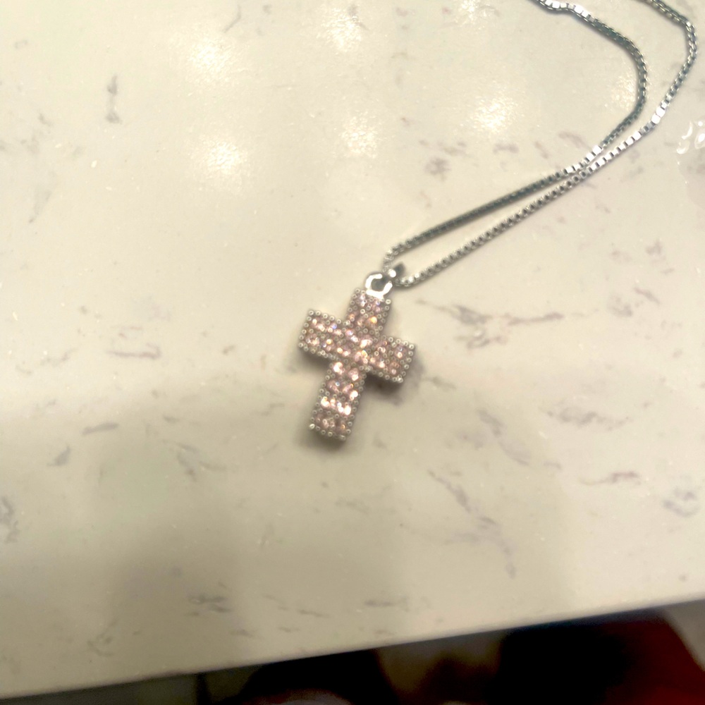 Swarovski pink crystal and Silver Cross Pendant Necklace
